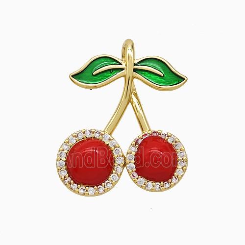 Copper Cherry Pendant Pave Zirconia Red Enamel Gold Plated