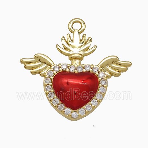 Copper Heart Angel Wings Pendant Pave Zirconia Red Painted Gold Plated