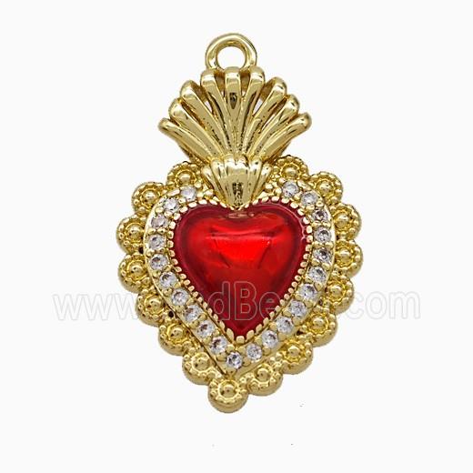 Copper Heart Pendant Pave Zirconia Red Painted Gold Plated