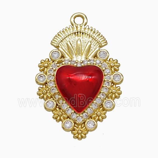 Copper Heart Pendant Pave Zirconia Red Painted Gold Plated