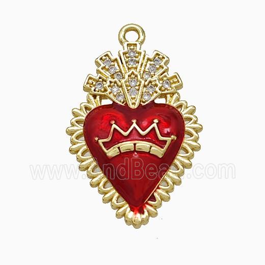 Copper Heart Pendant Pave Zirconia Red Painted Crown Gold Plated