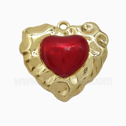 Copper Heart Pendant Red Painted Hammered Gold Plated