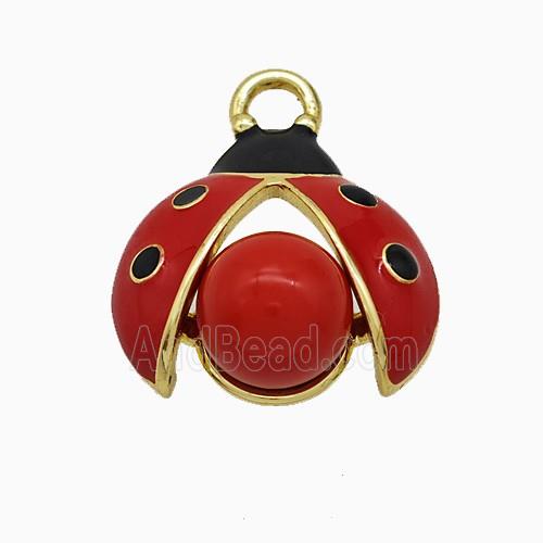 Copper Ladybug Pendant Pave Pearlized Resin Red Enamel Gold Plated