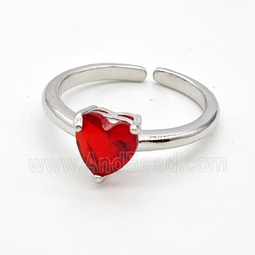 Copper Rings Pave Red Crystal Glass Heart Platinum Plated