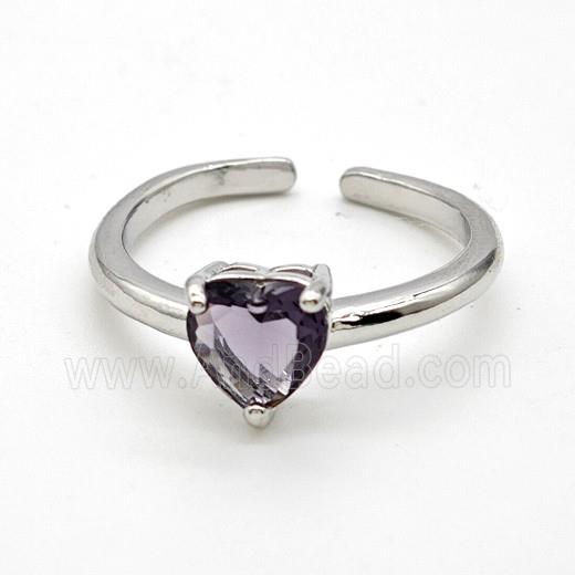 Copper Rings Pave Purple Crystal Glass Heart Platinum Plated