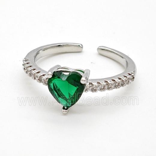 Copper Rings Pave Green Crystal Glass Heart Platinum Plated