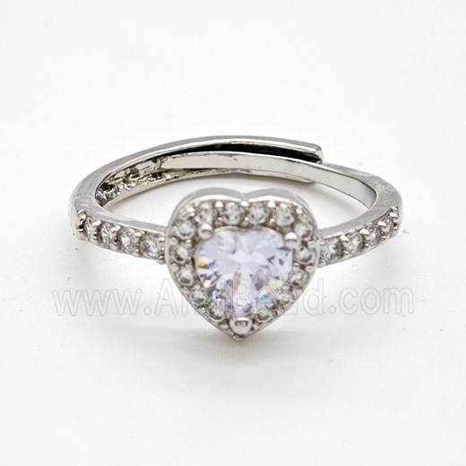 Copper Rings Pave Clear Crystal Glass Heart Adjustable Platinum Plated