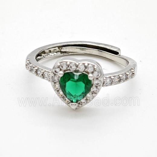 Copper Rings Pave Green Crystal Glass Heart Adjustable Platinum Plated