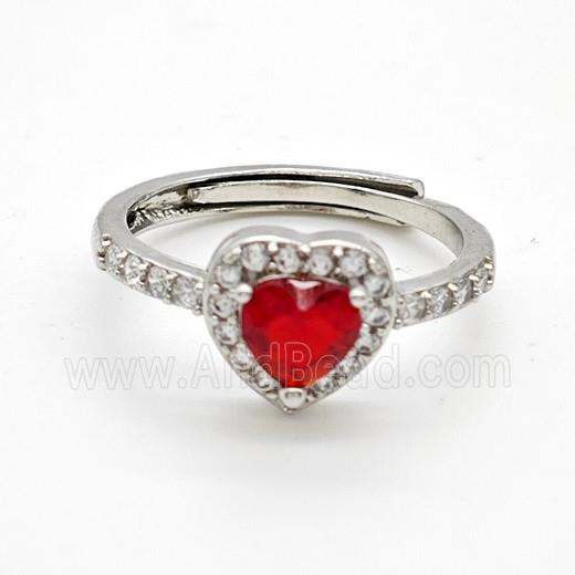 Copper Rings Pave Red Crystal Glass Heart Adjustable Platinum Plated