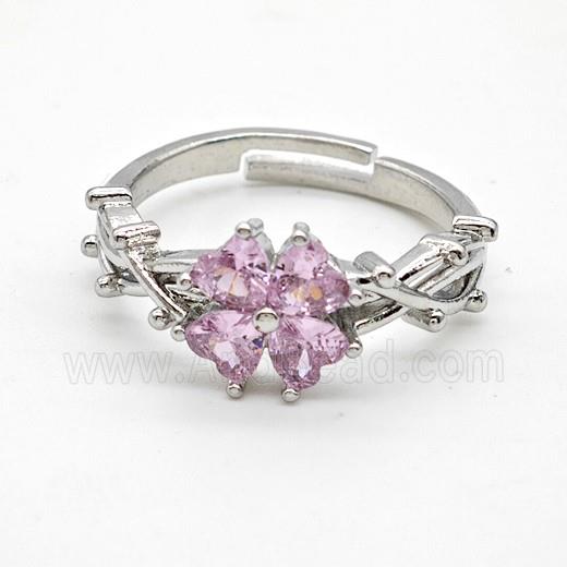 Copper Rings Pave Pink Crystal Glass Clover Adjustable Platinum Plated