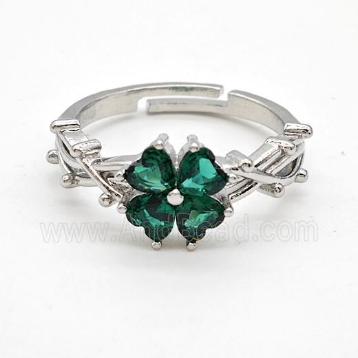 Copper Rings Pave Green Crystal Glass Clover Adjustable Platinum Plated