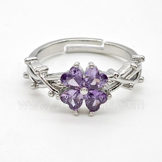 Copper Rings Pave Purple Crystal Glass Clover Adjustable Platinum Plated