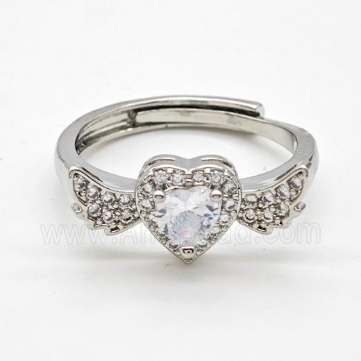 Copper Rings Pave Clear Crystal Glass Heart Angel Wings Adjustable Platinum Plated