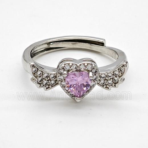 Copper Rings Pave Pink Crystal Glass Heart Angel Wings Adjustable Platinum Plated