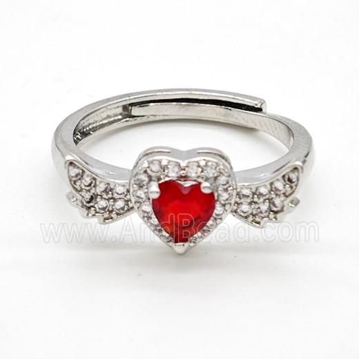 Copper Rings Pave Red Crystal Glass Heart Angel Wings Adjustable Platinum Plated