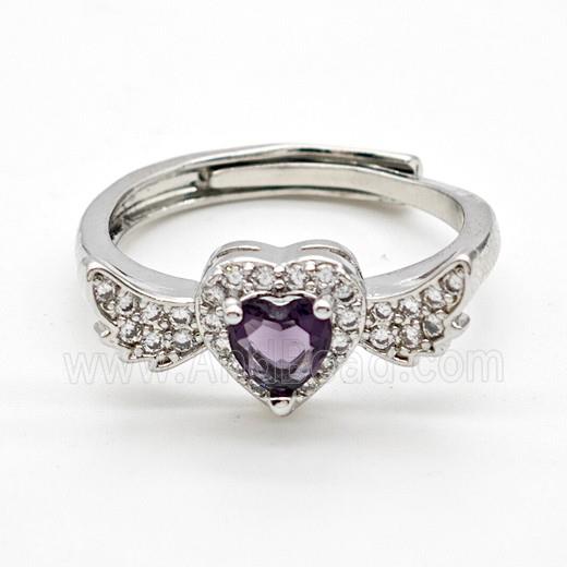 Copper Rings Pave Purple Crystal Glass Heart Angel Wings Adjustable Platinum Plated