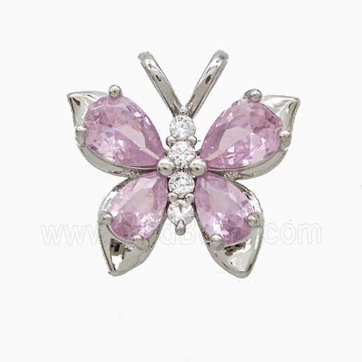 Copper Butterfly Pendant Pave Pink Crystal Glass Platinum Plated