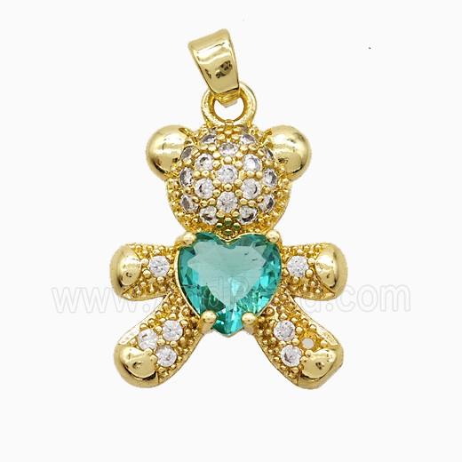 Copper Bear Pendant Pave Zirconia Green Crystal Glass Gold Plated