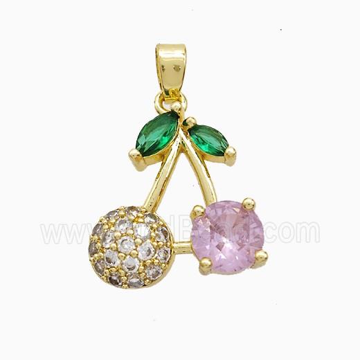 Copper Cherry Pendant Pave Zirconia Pink Crystal Glass Gold Plated