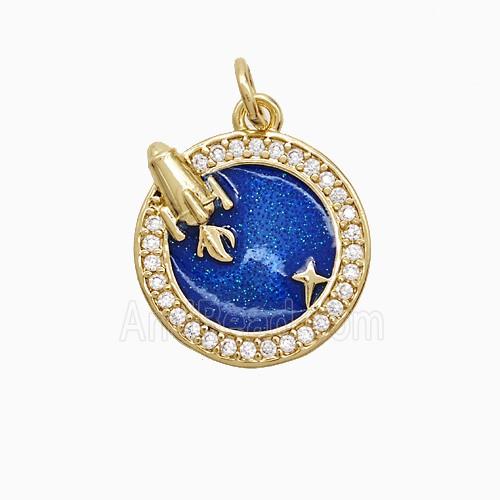Copper Earth Pendant Pave Zirconia Blue Painted Rocket Gold Plated