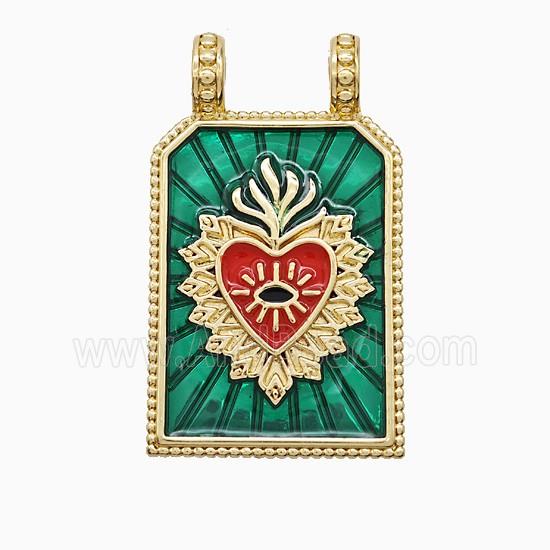 Copper Heart Pendant Green Painted Rectangle 2loops Gold Plated