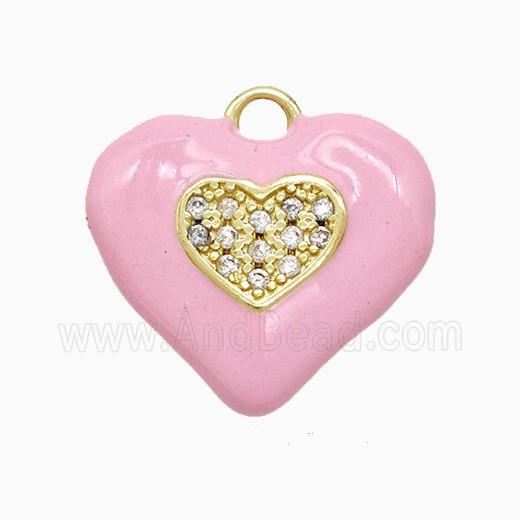 Copper Heart Pendant Pave Zirconia Pink Enamel Gold Plated