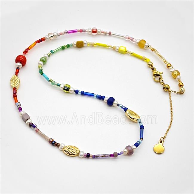 Seed Glass And Pearl Necklace Multicolor
