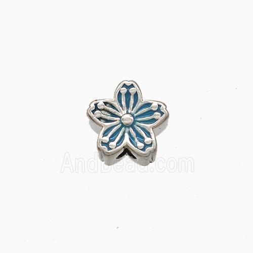 Copper Flower Beads Blue Enamel Platinum Plated