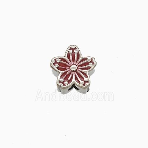 Copper Flower Beads Red Enamel Platinum Plated