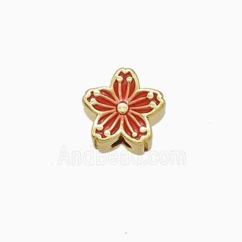 Copper Flower Beads Red Enamel Gold Plated