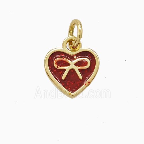 Copper Heart Pendant Red Enamel Bowknot Gold Plated
