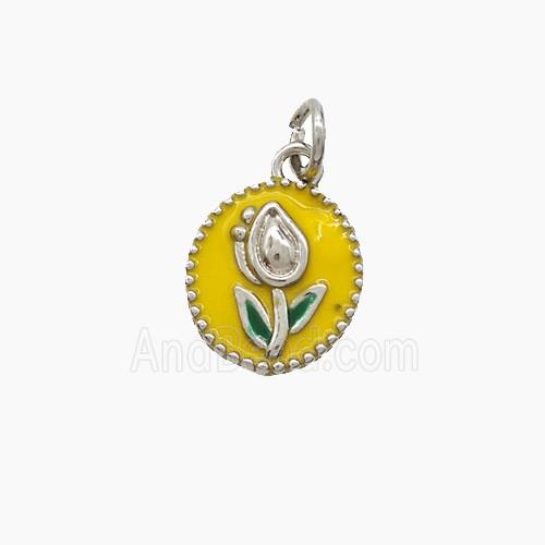 Copper Tulip Pendant Yellow Enamel Flower Platinum Plated