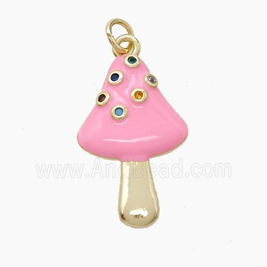 Copper Mushroom Pendant Pave Zirconia Pink Enamel Gold Plated
