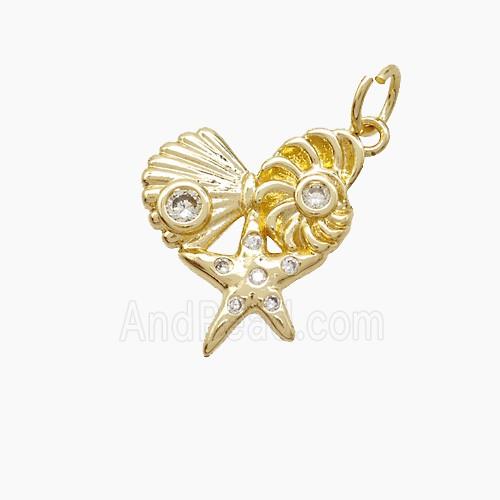 Copper Starfish Scallop Shell Pendant Pave Zirconia Gold Plated