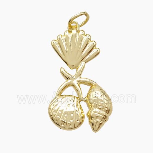Copper Starfish Scallop Shell Pendant Pave Zirconia Gold Plated