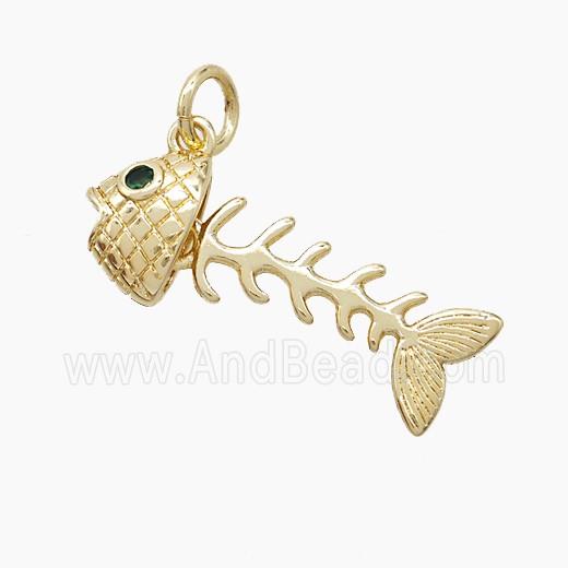 Copper Fish Bone Pendant Pave Zirconia Gold Plated