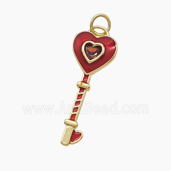 Copper Key Pendant Pave Zirconia Red Enamel Heart Gold Plated