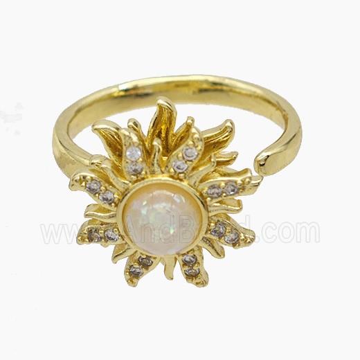 Copper Sunflower Rings Pave Zirconia Fire Opal Rotatable Gold Plated
