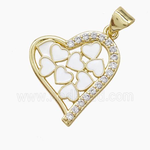 Copper Heart Pendant Pave Zirconia White Enamel Gold Plated