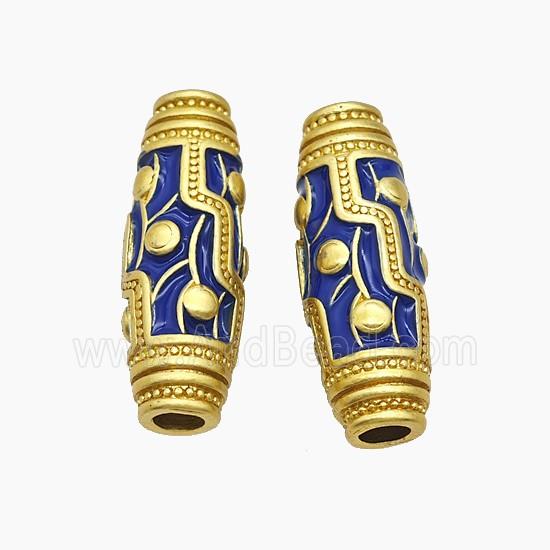 Copper Rice Beads Blue Enamel Large Hole Gold Plated