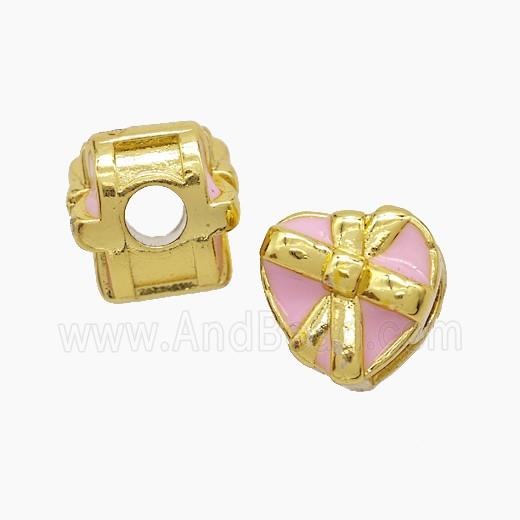 Copper Heart Beads Pink Enamel Large Hole Gold Plated
