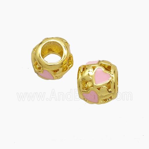 Copper Barrel Beads Pink Enamel Heart Large Hole Gold Plated