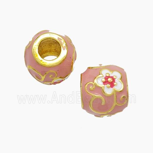 Copper Barrel Beads Pink Enamel Flower Large Hole Gold Plated