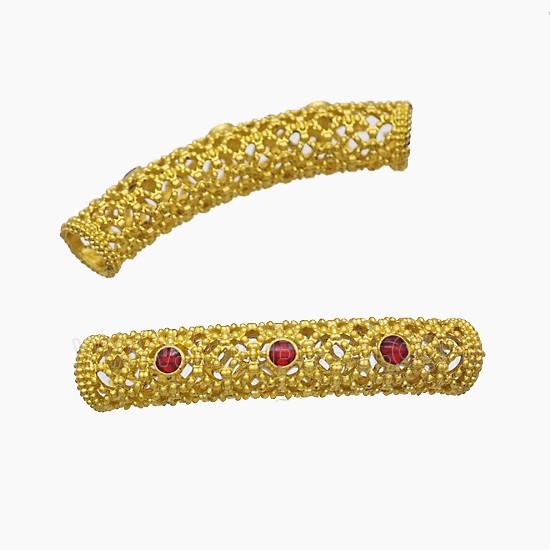 Copper Tube Beads Pave Jade Curving Large Hole Gold Plated