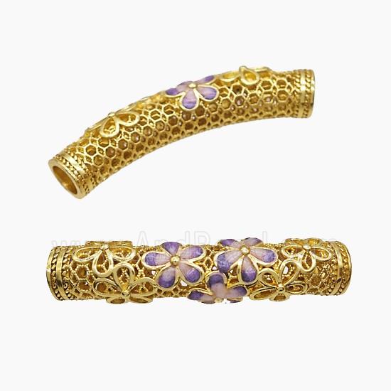 Copper Tube Beads Purple Enamel Flower Curving Large Hole Gold Plated