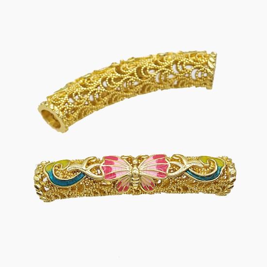 Copper Tube Beads Enamel Butterfly Curving Large Hole Gold Plated