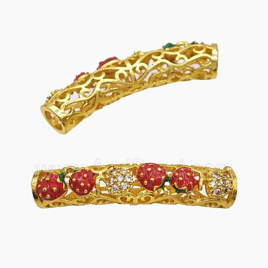 Copper Tube Beads Pave Zirconia Red Enamel Strawberry Curving Large Hole Gold Plated
