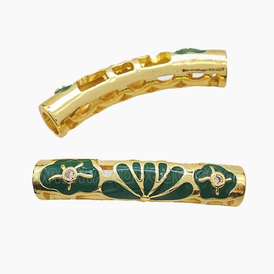 Copper Tube Beads Green Enamel Flower Curving Large Hole Gold Plated