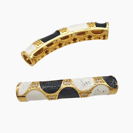 Copper Tube Beads Pave Zirconia White Black Enamel Curving Large Hole Gold Plated
