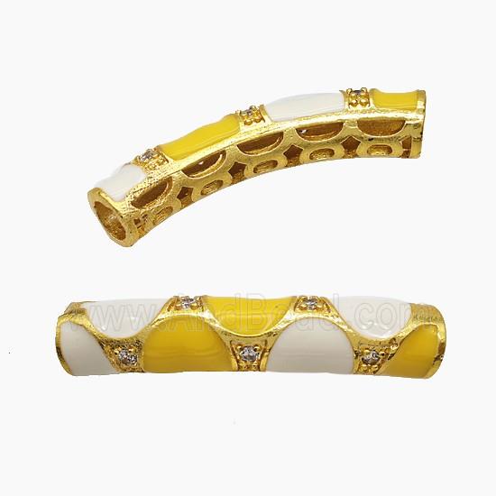 Copper Tube Beads Pave Zirconia White Yellow Enamel Curving Large Hole Gold Plated